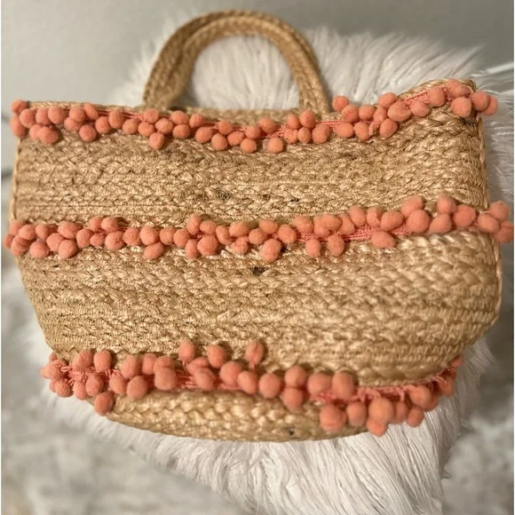 ⚜️💛⚜️Shiraleah Aubrey small pompom Jute Bag Bohemian - Picture 10 of 17